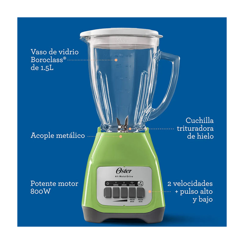 Oster Licuadora de 2 Velocidades | Boroclass | All-Metal Drive | 1.5L | 800W | Verde