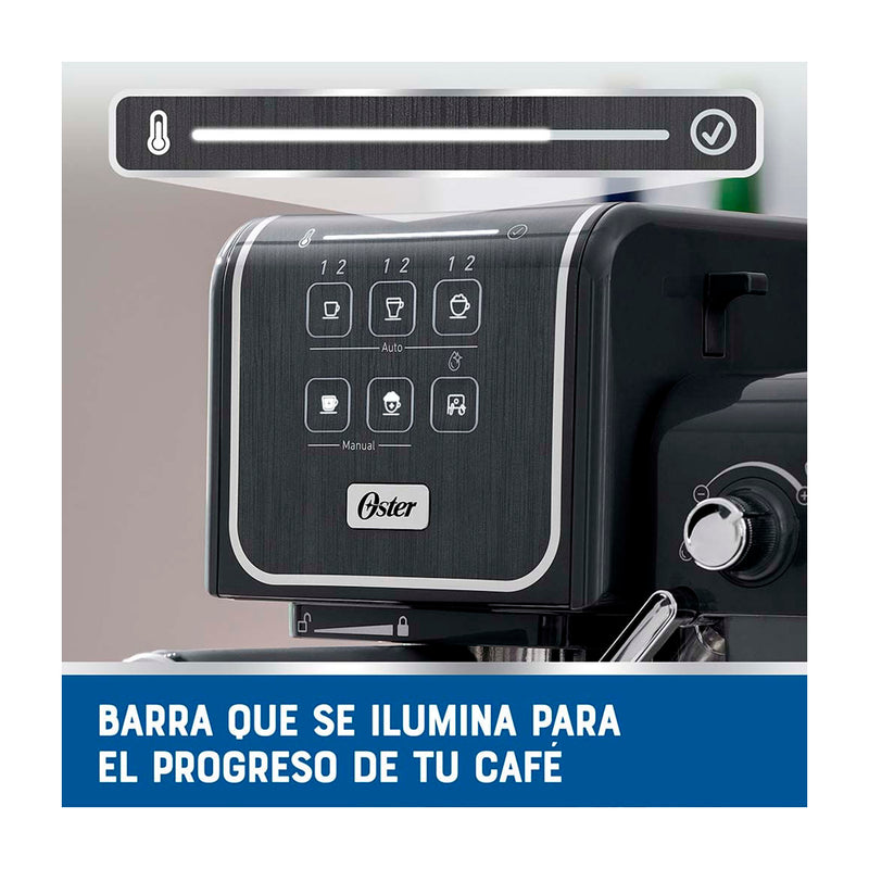 Oster Cafetera PrimaLatte de 10 Tazas | 19 Bares | Barra de Progreso | Gris