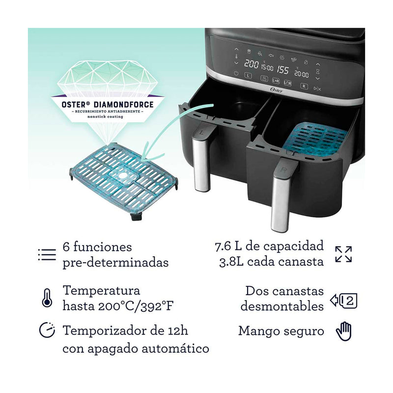 Oster Freidora de Aire Digital | 7.6L | Dual | DiamondForce | 2 Canastas | 6 Funciones | Negro