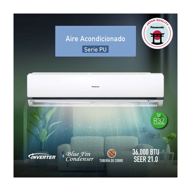 Panasonic Aire Acondicionado Split Inverter 36,000 BTU | PU | Enfriamiento Rápido | Blue Fin Condenser | 220v | Blanco