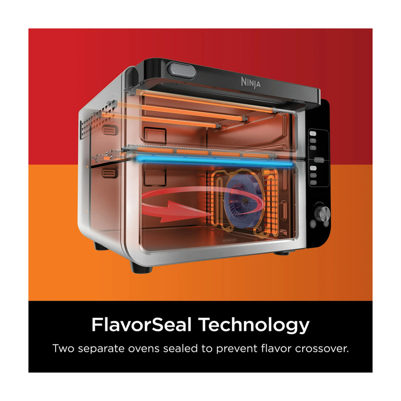 Ninja Horno Eléctrico Doble 10-en-1 | Digital | Freidora de Aire | Convección | Tecnología FlavorSeal | FlexDoor | 1800W | Negro Plateado