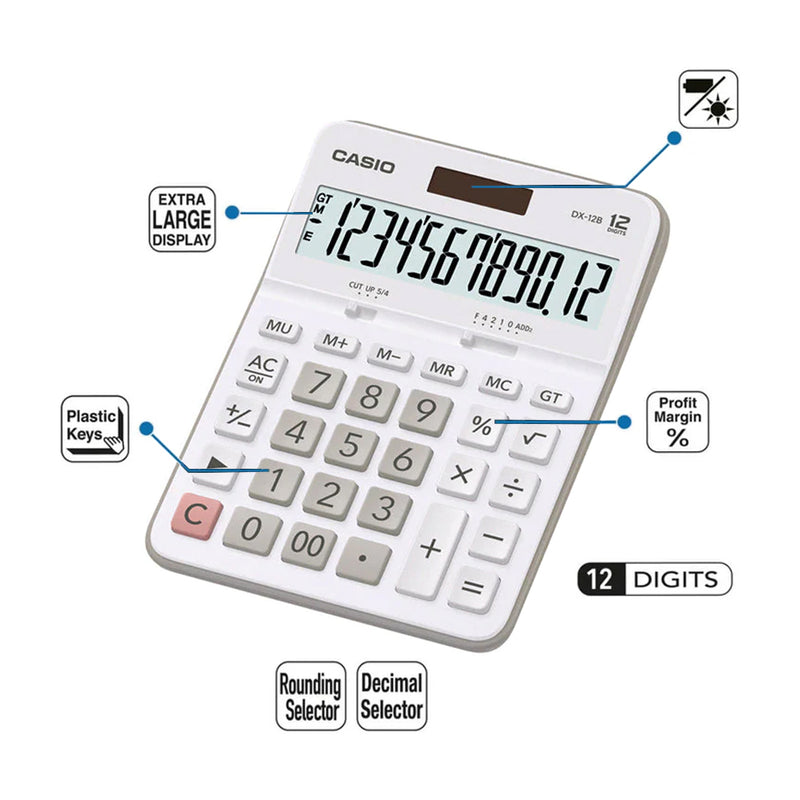 Casio Calculadora de 12 Digitos | Portátil | Batería Solar | Blanco