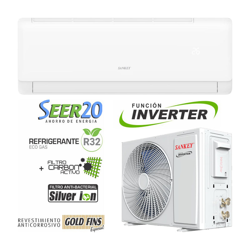 Sankey Aire Acondicionado Split Inverter 12,000 BTU | Alta Eficiencia | Enfriamiento Supremo | Silver Ion | Filtro de Carbon Activo | 220v