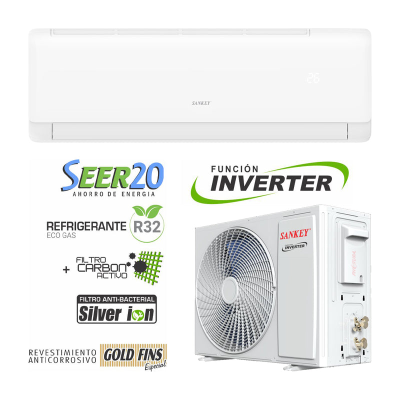 Sankey Aire Acondicionado Split Inverter 18,000 BTU | Alta Eficiencia | Enfriamiento Supremo | Silver Ion | Filtro de Carbon Activo | 220v