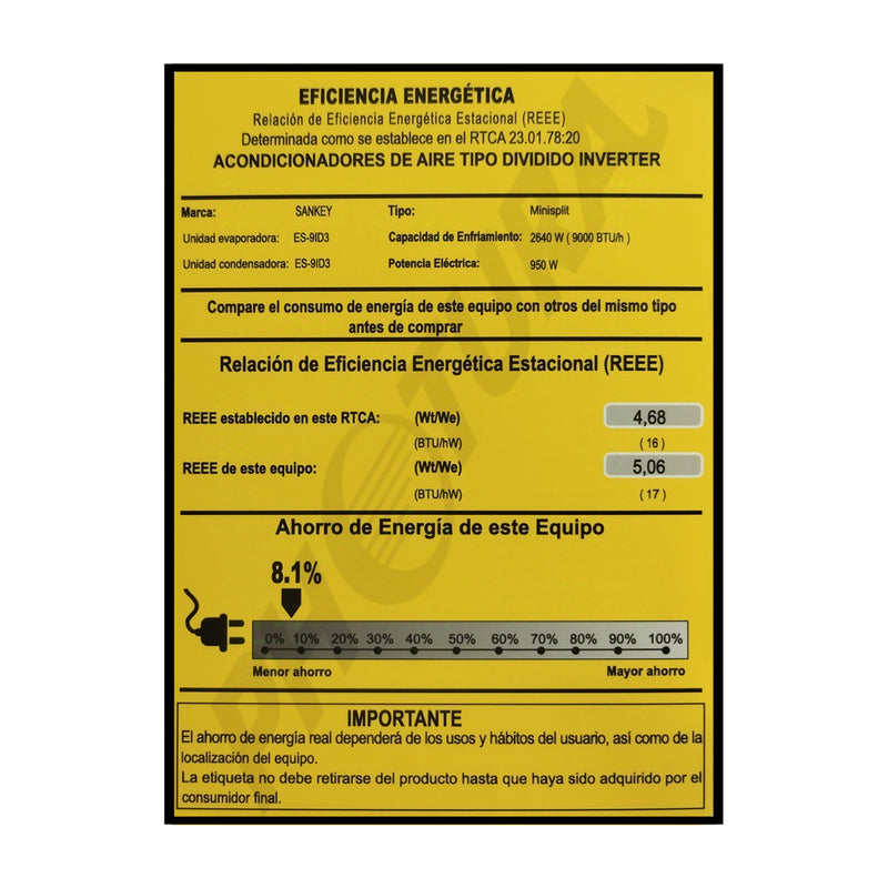 Sankey Aire Acondicionado Split Inverter 9,000 BTU | Enfriamiento Supremo | Silver Ion | Filtro de Carbon Activo | 220v