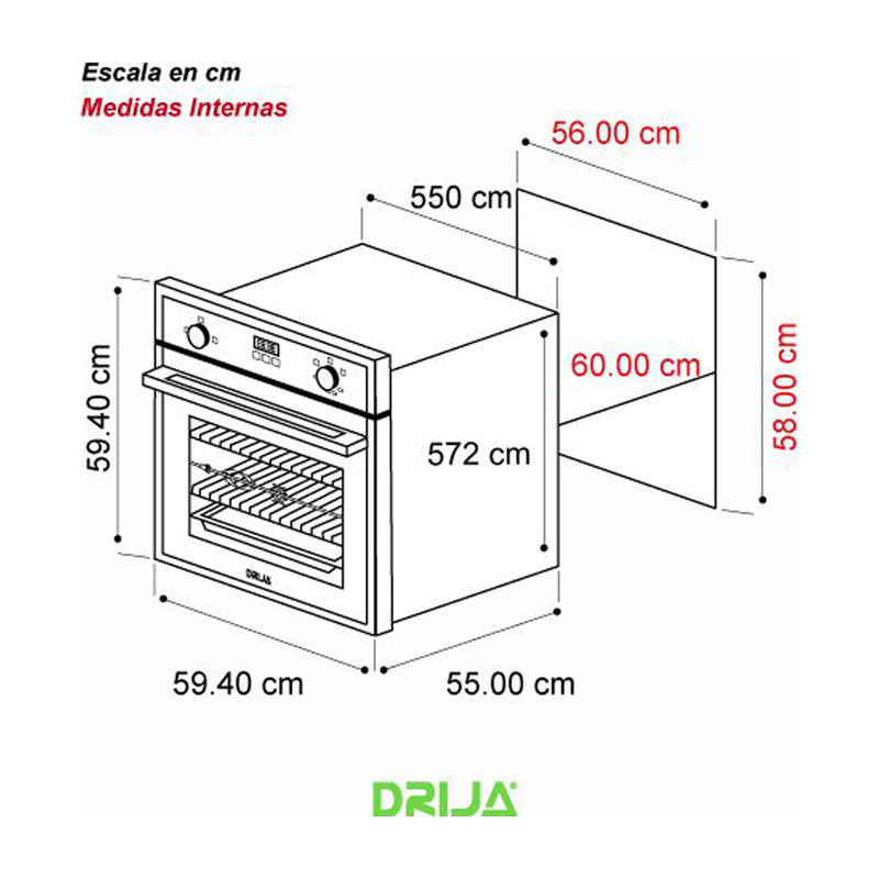 Drija Europa 60 Gas Horno Multifuncional Empotrable a Gas | Puerta de Triple Vidrio | 250°C