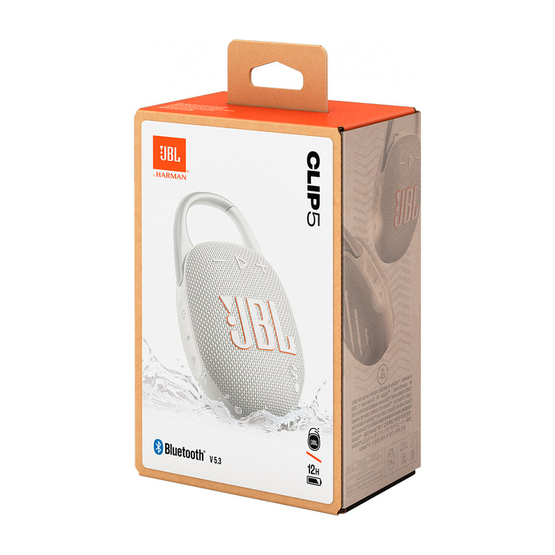 JBL Clip 5 Bocina Portátil Bluetooth Waterproof | Mosquetón | 12H | IP67 | Blanco