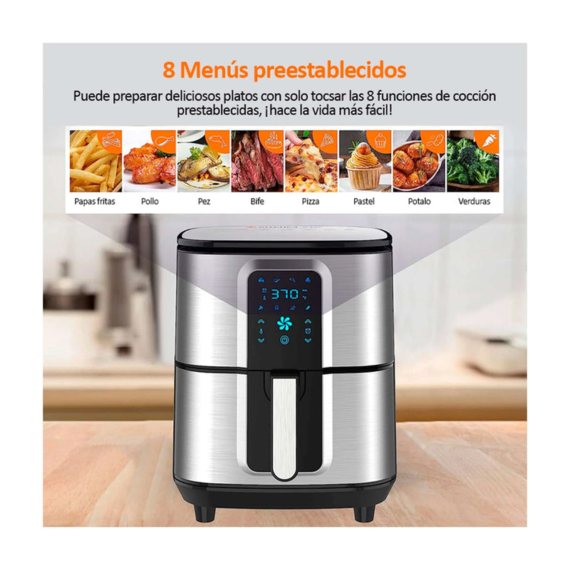 Kitcher Freidora de Aire Digital | 6.8QT | 8 Programas | Temporizador | Control de Temperatura | Plateado Negro