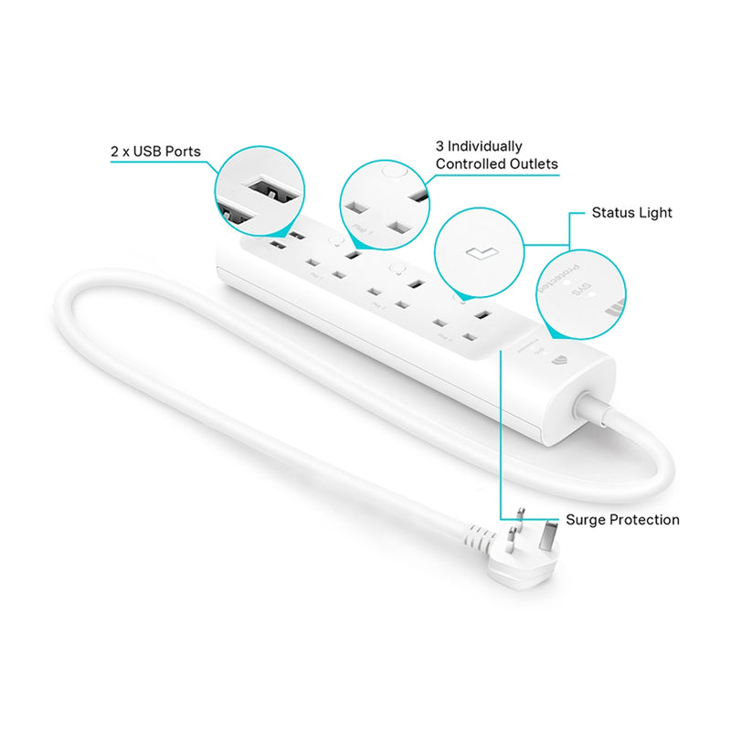 TP-Link Regleta Protectora de Sobretensión Inteligente WiFi | Control Remoto | Control por Voz | Programable | 3 Salidas | 2 USB