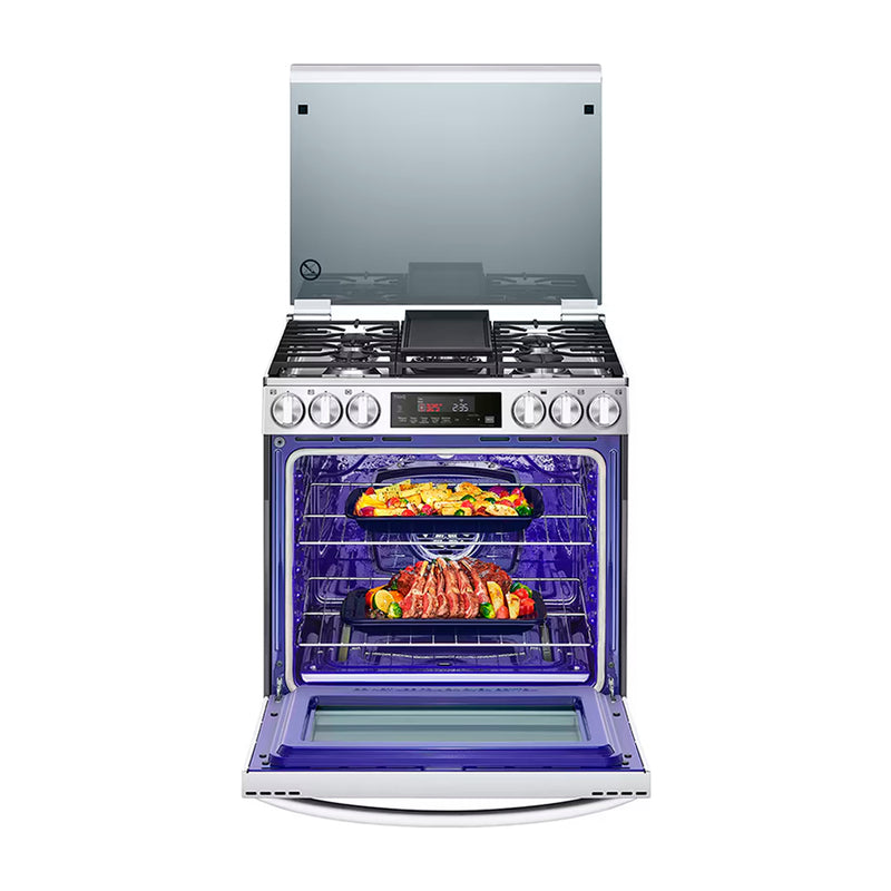 LG Estufa a Gas de Acero Inoxidable | InstaView | Smart WiFi ThinQ | 5.8p3 | Ultra Heat | Air Fryer | Convección | Panel Digital | Tapa | Plancha | 30" | 5 Quemadores