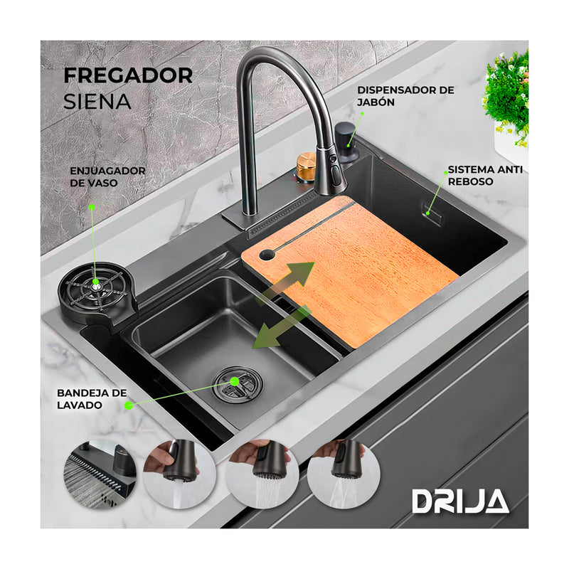 Drija Siena 75 Fregador Moderno de Acero Inoxidable | Sistema Anti Reboso | Enjuagador de Vasos | Dispensador de Jabón