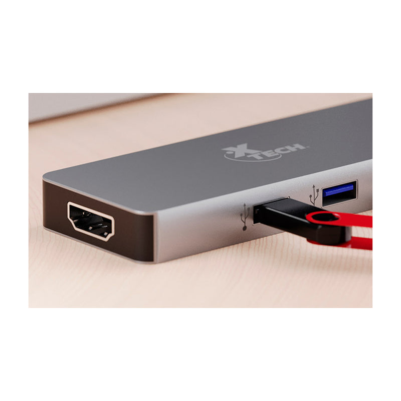 Xtech Adaptador USB C a USB A / HDMI / SD / Micro SD | Negro Plateado