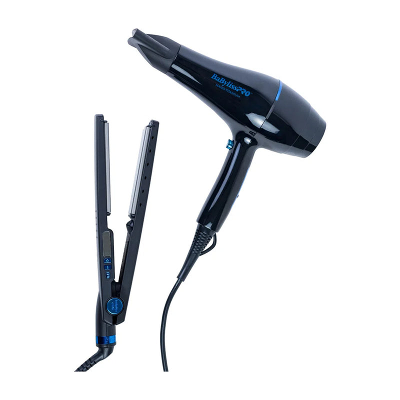 BaBylissPRO Combo Plancha Alisadora y Secador de Cabello | Nano Titanium | Ionico | 1.25" | Nano Black