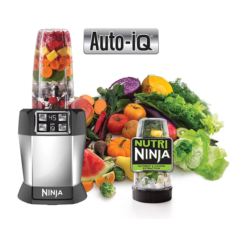 Ninja Nutri Ninja Licuadora / Extractor de Nutrientes | Auto-IQ | Función de Pulso | 1000W | 0.7L & 0.5L | Plateado Negro