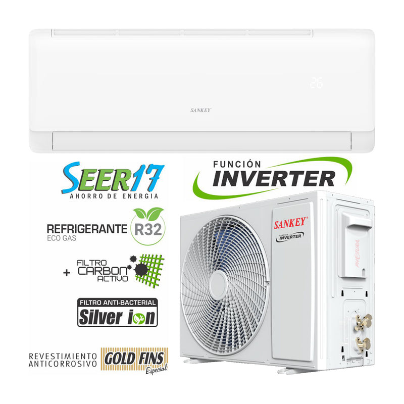 Sankey Aire Acondicionado Split Inverter 9,000 BTU | Enfriamiento Supremo | Silver Ion | Filtro de Carbon Activo | 220v