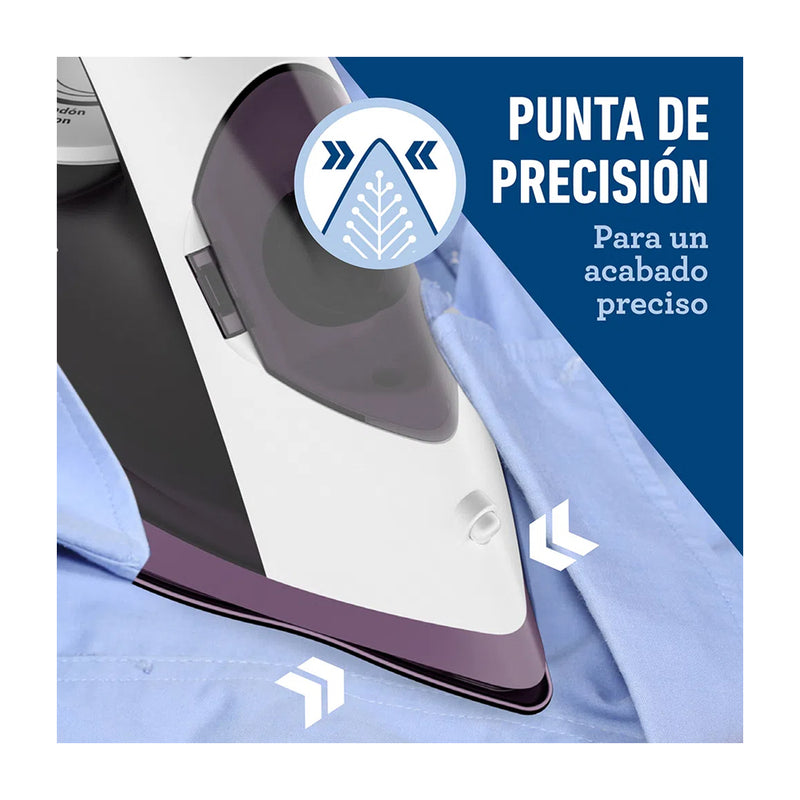 Oster Plancha de Ropa a Vapor | 30% Mas Cobertura | Punta de Precisión | Antiadherente | Sistema Anti-Calcificación | Morado Blanco