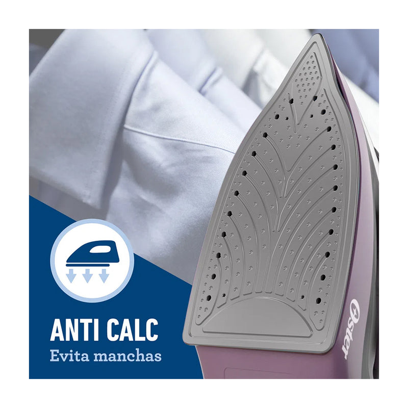 Oster Plancha de Ropa a Vapor | 30% Mas Cobertura | Punta de Precisión | Antiadherente | Sistema Anti-Calcificación | Morado Blanco