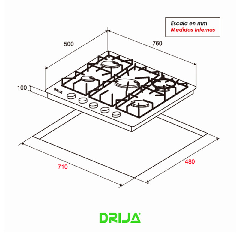 Drija Milan 76 Estufa Empotrable a Gas de Acero Inoxidable | 5 Quemadores | 5 Válvulas de Seguridad
