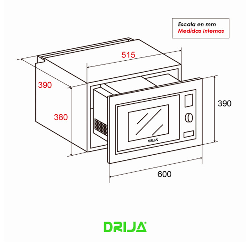 Drija Napoli 25L Microondas Empotrable de 900W | 0.9p3 | Cocción Grill | Sistema de Bloqueo Infantil