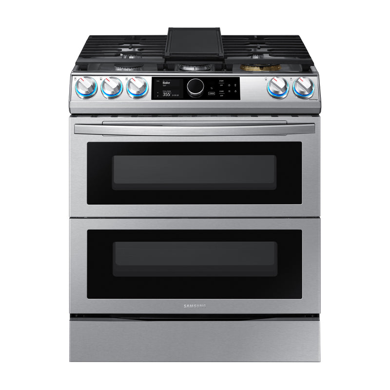 Samsung Estufa a Gas Doble Horno de Acero Inoxidable | Flex Duo | WiFi Smart Dial | Air Fryer | True Convection | Control de Voz (Alexa y Google) | Panel Digital | Enc. Eléctrico | Plancha | 30" | 5 Quemadores