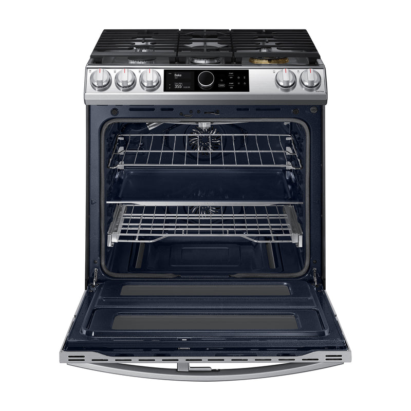 Samsung Estufa a Gas Doble Horno de Acero Inoxidable | Flex Duo | WiFi Smart Dial | Air Fryer | True Convection | Control de Voz (Alexa y Google) | Panel Digital | Enc. Eléctrico | Plancha | 30" | 5 Quemadores