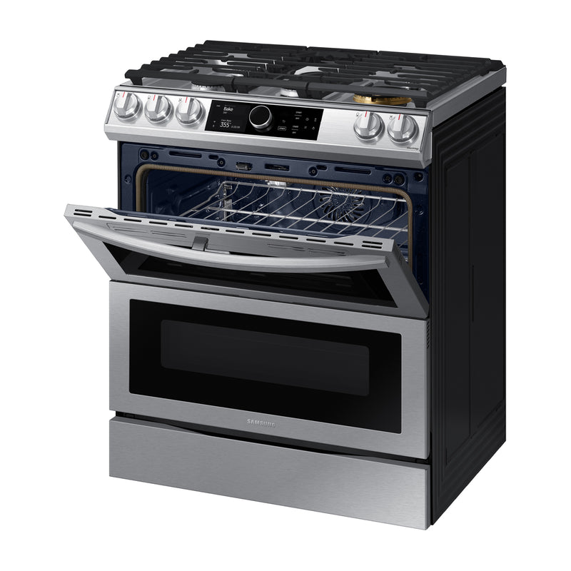 Samsung Estufa a Gas Doble Horno de Acero Inoxidable | Flex Duo | WiFi Smart Dial | Air Fryer | True Convection | Control de Voz (Alexa y Google) | Panel Digital | Enc. Eléctrico | Plancha | 30" | 5 Quemadores