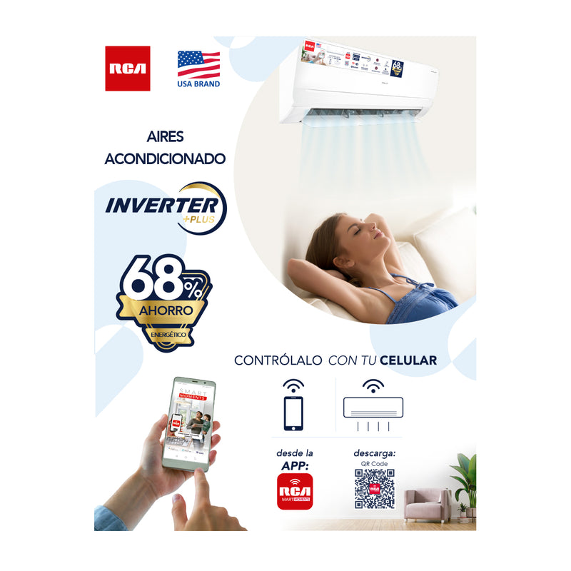 RCA Aire Acondicionado Split Inverter +Plus 24,000 BTU | WiFi | Bluetooth | Compatible con Google Assistant & Amazon Alexa | Función Health | Hasta 68% de Ahorro | 220V