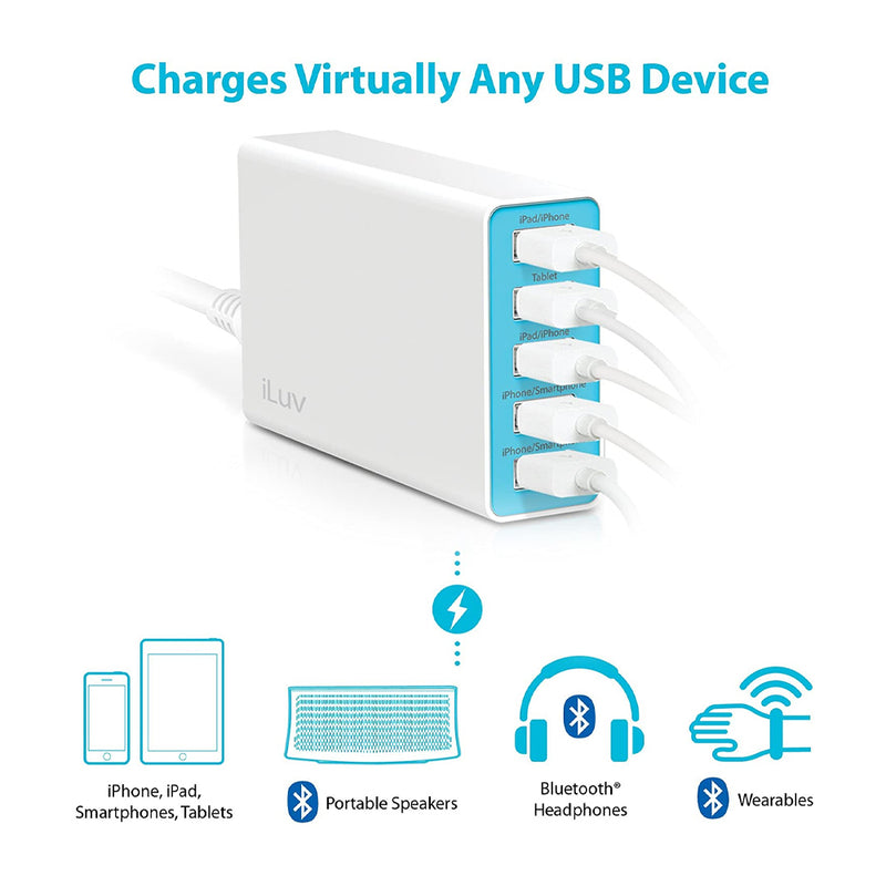 iLuv Cargador USB de 5 Puertos Compacto Para iPhone, Celulares y Tablets