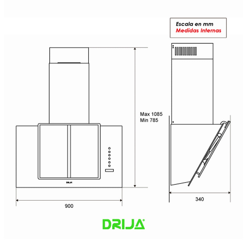 Drija Vetro 90 Extractor de Grasa | Tipo Chimenea | 3 velocidades | Panel Táctil | Control Remoto | 2 Filtros de Carbón | 1 Filtro de Aluminio | 500m3/H